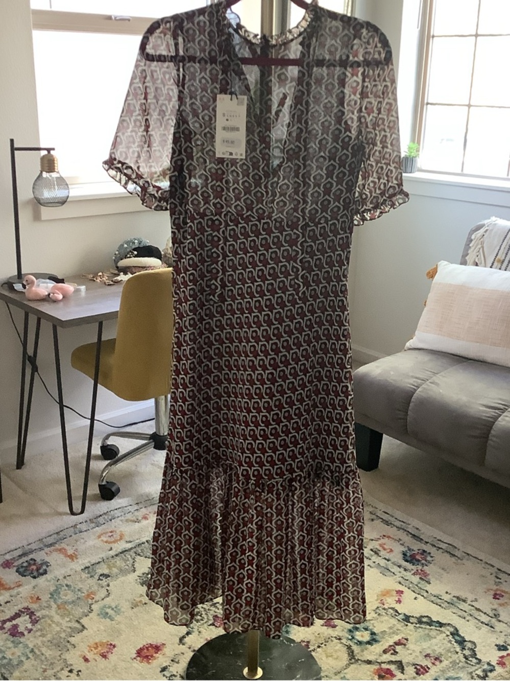 Zara Burgundy and White Printed Midi Dress